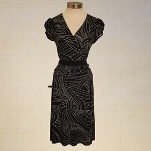 1990s La Belle Black Stretch Bodycon Dress Medium Geometric V Neck
